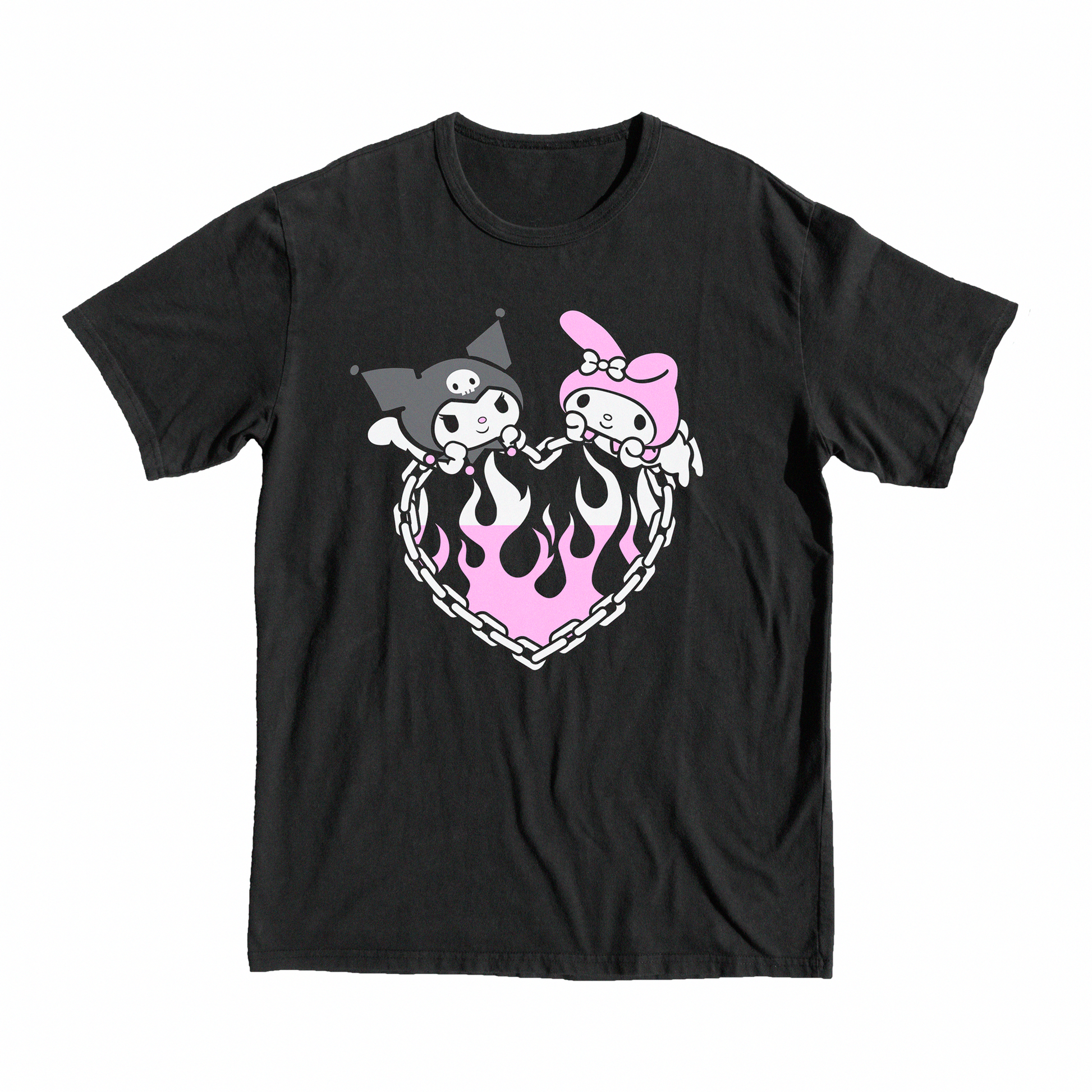 Onegai My Melody Duo T-Shirt, tee, shop, merch, anime, manga, black, fire, rabbits, black, pink, shop, heart