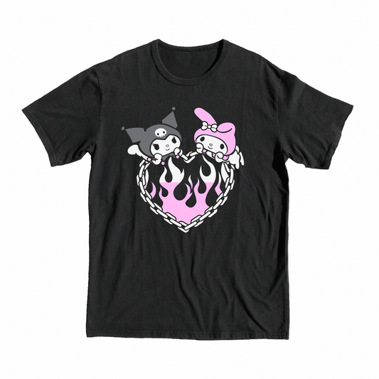 Onegai My Melody Duo T-Shirt, tee, shop, merch, anime, manga, black, fire, rabbits, black, pink, shop, heart