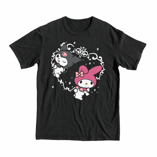 Onegai My Melody Friends T-Shirt, tee, anime, manga, shop, hero, rabbit, merch, online, gift, manga, anime, hello, pink, black