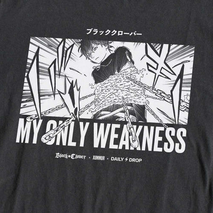 Black Anime T-shirt dedicated to Black Clover series with Yuno in chains on it - Close up