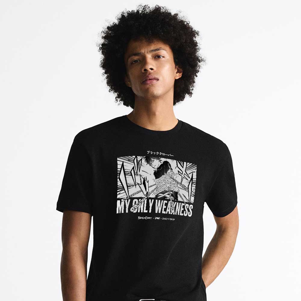 Black Anime T-shirt dedicated to Black Clover series with Yono in chains on it - Photo of a model close