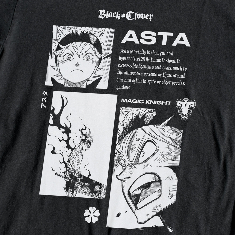 Close up of Black Clover Anime t-shirt (Black Color) featuring Asta and Black (Demon Form) Asta characters in action, inspired by the popular anime and manga series.