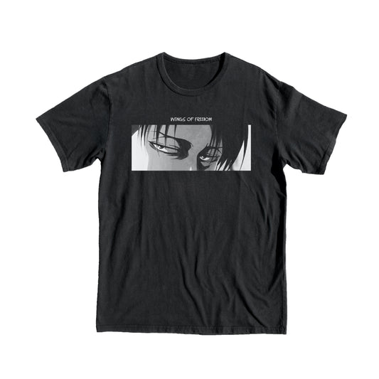 Attack on Titan black T-shirt with Captain Levi eyes and phrase "wings of freedom".