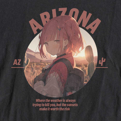 Close Up of Anime Styled Shirt with An Arizona words and an anime girl